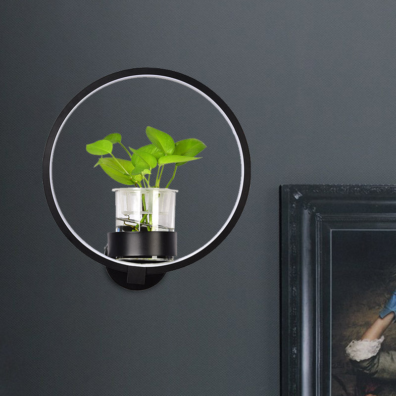 1 Head Metal Sconce Lighting Fixture Antique Black/Grey/White Circular Bedroom Wall Mount Light with Plant Cup Black Clearhalo 'Art deco wall lights' 'Cast Iron' 'Glass' 'Industrial wall lights' 'Industrial' 'Middle century wall lights' 'Modern' 'Rustic wall lights' 'Tiffany' 'Traditional wall lights' 'Wall Lamps & Sconces' 'Wall Lights' Lighting' 389887