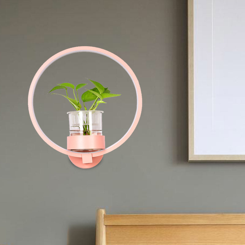 1 Head Metal Sconce Lighting Fixture Antique Black/Grey/White Circular Bedroom Wall Mount Light with Plant Cup Pink Clearhalo 'Art deco wall lights' 'Cast Iron' 'Glass' 'Industrial wall lights' 'Industrial' 'Middle century wall lights' 'Modern' 'Rustic wall lights' 'Tiffany' 'Traditional wall lights' 'Wall Lamps & Sconces' 'Wall Lights' Lighting' 389890