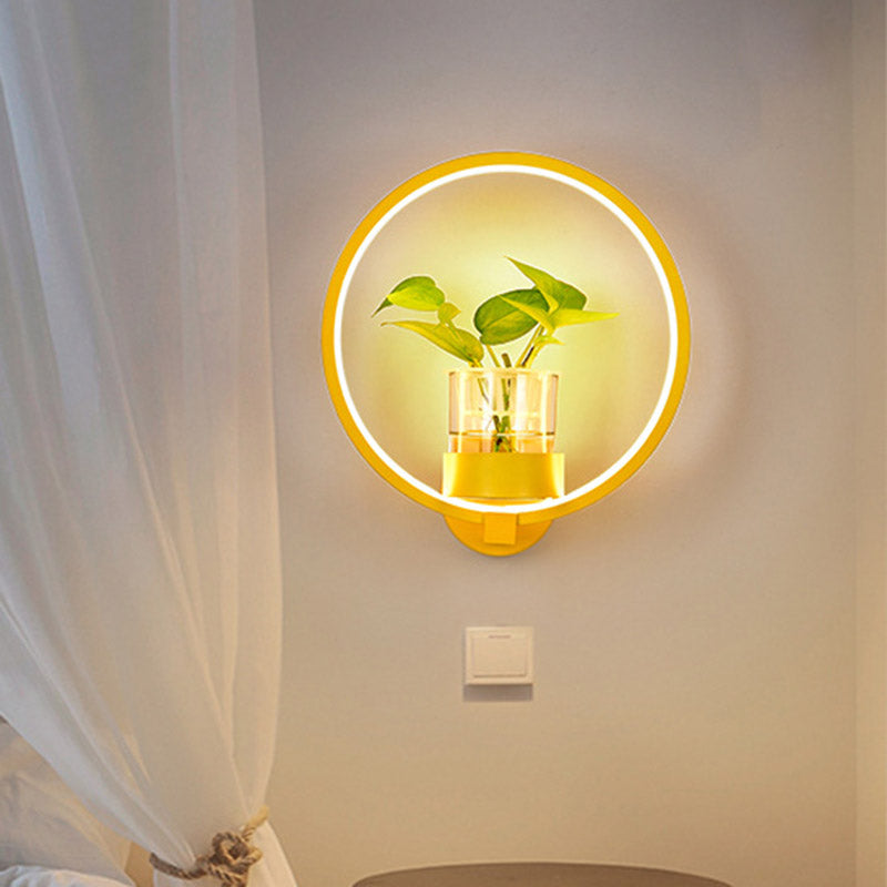 1 Head Metal Sconce Lighting Fixture Antique Black/Grey/White Circular Bedroom Wall Mount Light with Plant Cup Yellow Clearhalo 'Art deco wall lights' 'Cast Iron' 'Glass' 'Industrial wall lights' 'Industrial' 'Middle century wall lights' 'Modern' 'Rustic wall lights' 'Tiffany' 'Traditional wall lights' 'Wall Lamps & Sconces' 'Wall Lights' Lighting' 389893