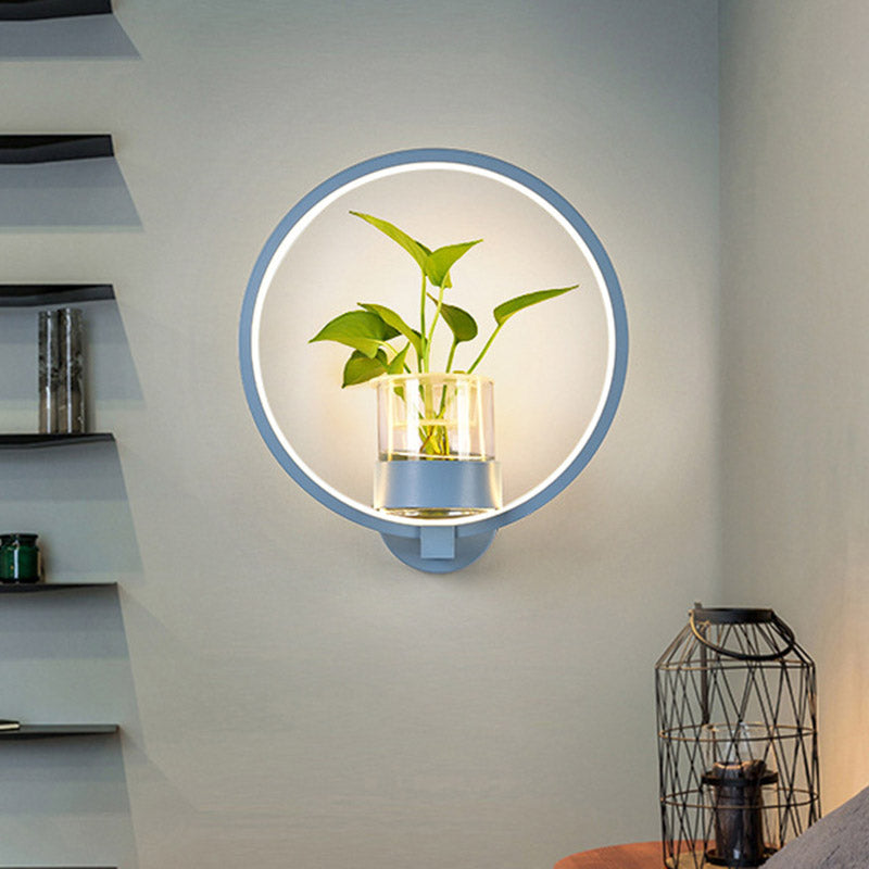 1 Head Metal Sconce Lighting Fixture Antique Black/Grey/White Circular Bedroom Wall Mount Light with Plant Cup Blue Clearhalo 'Art deco wall lights' 'Cast Iron' 'Glass' 'Industrial wall lights' 'Industrial' 'Middle century wall lights' 'Modern' 'Rustic wall lights' 'Tiffany' 'Traditional wall lights' 'Wall Lamps & Sconces' 'Wall Lights' Lighting' 389896