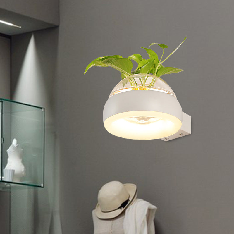 Clear Glass Dome Wall Lighting Industrial 1 Bulb Bedroom LED Wall Sconce Lamp in Black/Grey/White with Plant Container White Clearhalo 'Cast Iron' 'Glass' 'Industrial wall lights' 'Industrial' 'Middle century wall lights' 'Modern' 'Tiffany' 'Traditional wall lights' 'Wall Lamps & Sconces' 'Wall Lights' Lighting' 390091