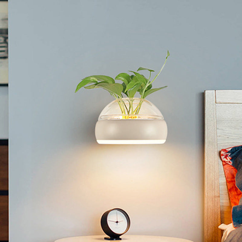 Clear Glass Dome Wall Lighting Industrial 1 Bulb Bedroom LED Wall Sconce Lamp in Black/Grey/White with Plant Container Clearhalo 'Cast Iron' 'Glass' 'Industrial wall lights' 'Industrial' 'Middle century wall lights' 'Modern' 'Tiffany' 'Traditional wall lights' 'Wall Lamps & Sconces' 'Wall Lights' Lighting' 390092