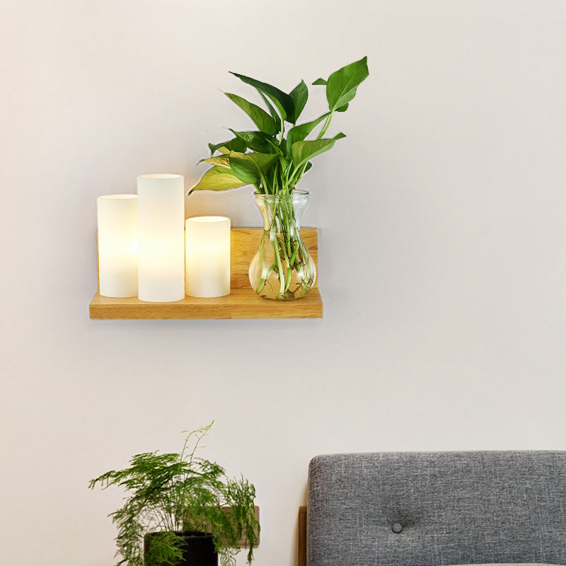 Opal Glass Cylinder Wall Lighting Industrial 1 Bulb Bedroom LED Wall Sconce Lamp in Wood, Left/Right Wood Left Clearhalo 'Industrial wall lights' 'Industrial' 'Middle century wall lights' 'Tiffany' 'Wall Lamps & Sconces' 'Wall Lights' Lighting' 390140