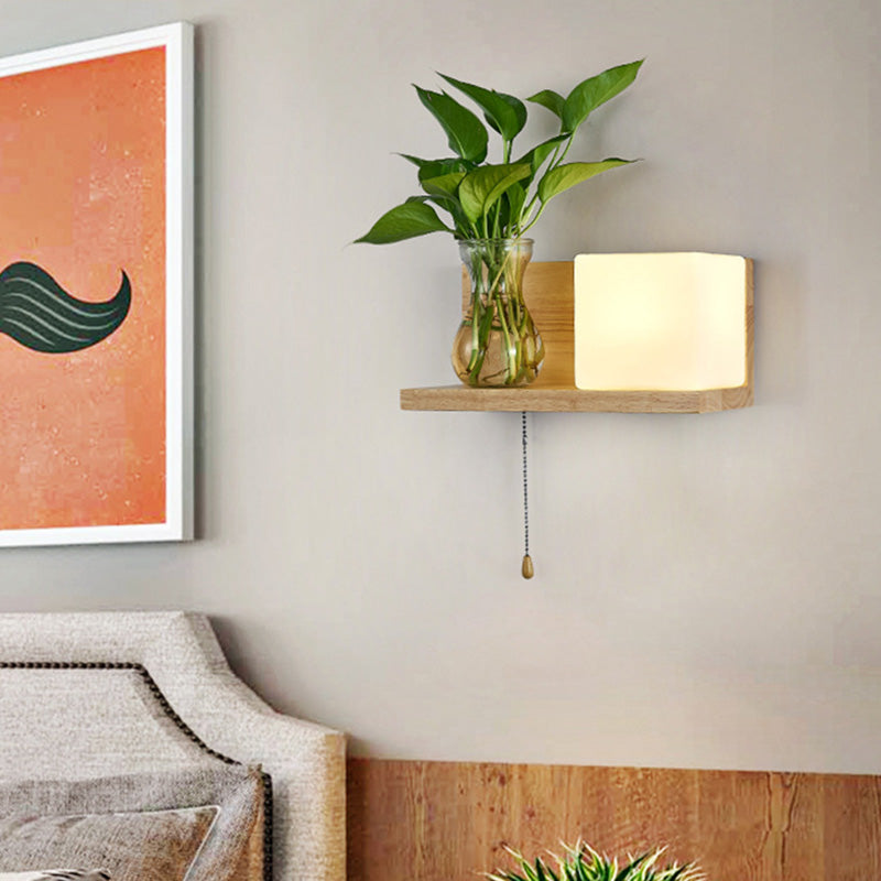 Minimalism Square Wall Light Fixture 1 Head White Glass LED Wall Sconce Lighting in Wood, Left/Right Wood Right Clearhalo 'Industrial wall lights' 'Industrial' 'Middle century wall lights' 'Tiffany' 'Wall Lamps & Sconces' 'Wall Lights' Lighting' 390211