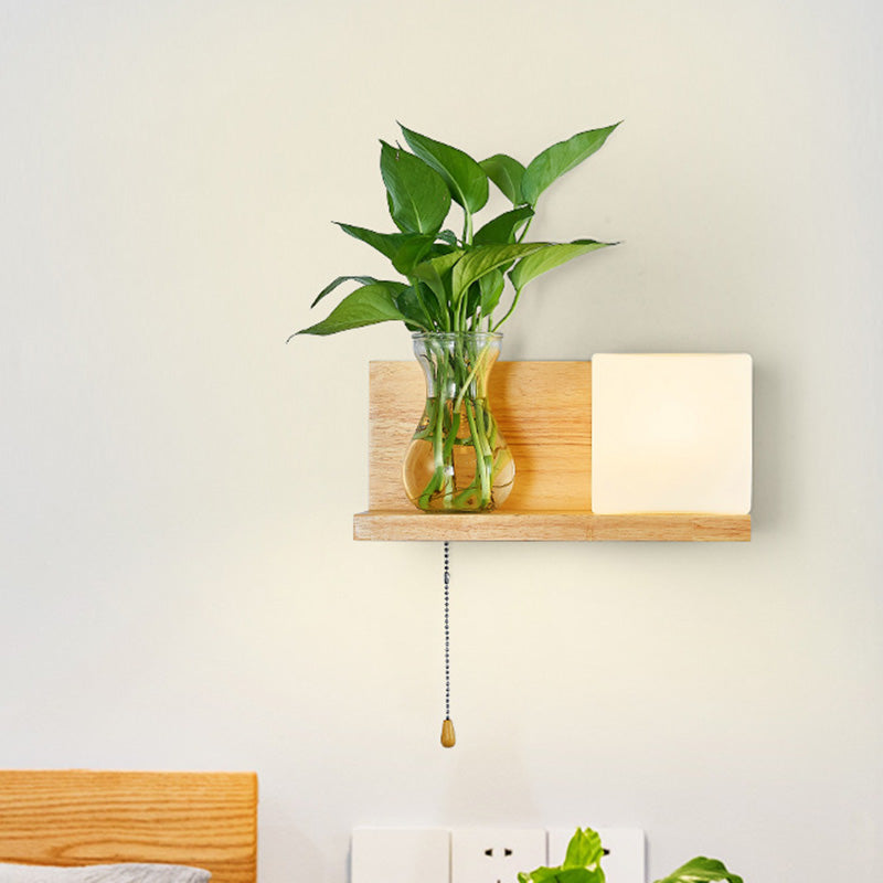 Minimalism Square Wall Light Fixture 1 Head White Glass LED Wall Sconce Lighting in Wood, Left/Right Clearhalo 'Industrial wall lights' 'Industrial' 'Middle century wall lights' 'Tiffany' 'Wall Lamps & Sconces' 'Wall Lights' Lighting' 390212