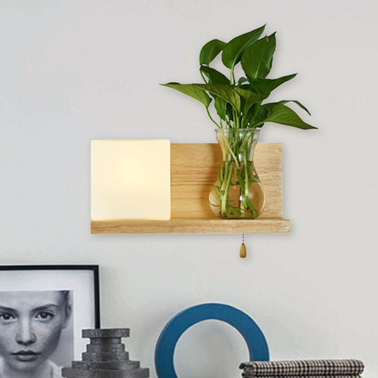 Minimalism Square Wall Light Fixture 1 Head White Glass LED Wall Sconce Lighting in Wood, Left/Right Wood Left Clearhalo 'Industrial wall lights' 'Industrial' 'Middle century wall lights' 'Tiffany' 'Wall Lamps & Sconces' 'Wall Lights' Lighting' 390216