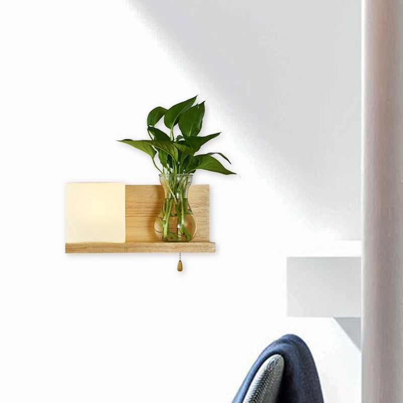 Minimalism Square Wall Light Fixture 1 Head White Glass LED Wall Sconce Lighting in Wood, Left/Right Clearhalo 'Industrial wall lights' 'Industrial' 'Middle century wall lights' 'Tiffany' 'Wall Lamps & Sconces' 'Wall Lights' Lighting' 390217
