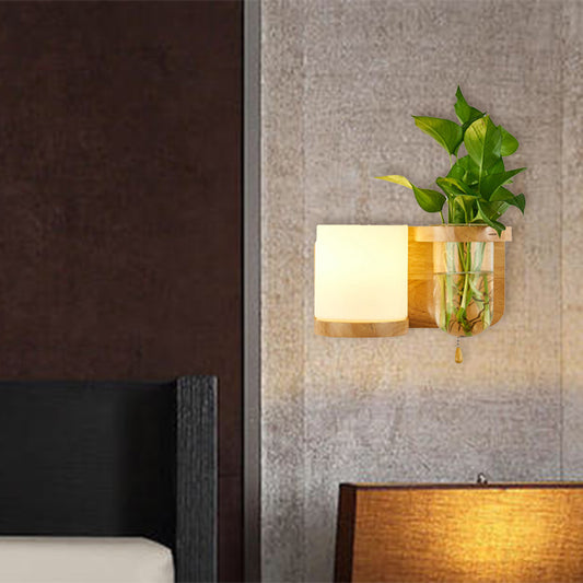 1 Bulb Wall Mounted Light Industrial Cylindrical Opal Glass LED Wall Lamp Sconce in Wood, Left/Right Wood Left Clearhalo 'Industrial wall lights' 'Industrial' 'Middle century wall lights' 'Tiffany' 'Wall Lamps & Sconces' 'Wall Lights' Lighting' 390259