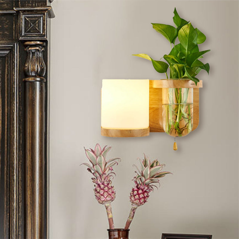 1 Bulb Wall Mounted Light Industrial Cylindrical Opal Glass LED Wall Lamp Sconce in Wood, Left/Right Clearhalo 'Industrial wall lights' 'Industrial' 'Middle century wall lights' 'Tiffany' 'Wall Lamps & Sconces' 'Wall Lights' Lighting' 390260