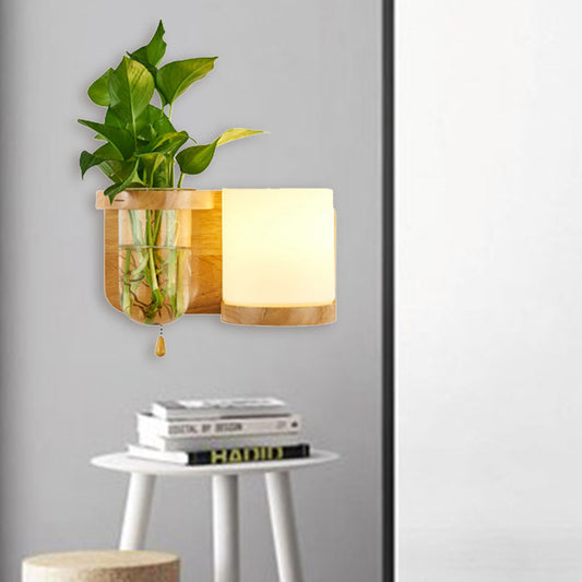 1 Bulb Wall Mounted Light Industrial Cylindrical Opal Glass LED Wall Lamp Sconce in Wood, Left/Right Wood Right Clearhalo 'Industrial wall lights' 'Industrial' 'Middle century wall lights' 'Tiffany' 'Wall Lamps & Sconces' 'Wall Lights' Lighting' 390264