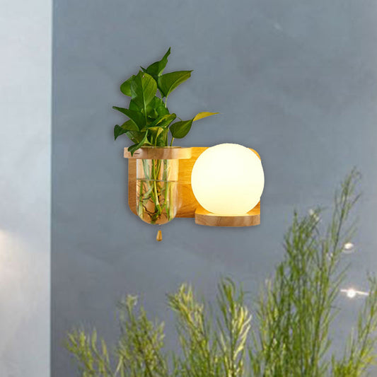Ball White Glass Wall Sconce Industrial 1 Bulb Bedroom LED Wall Lamp Fixture in Wood, Left/Right Wood Right Clearhalo 'Industrial wall lights' 'Industrial' 'Middle century wall lights' 'Tiffany' 'Wall Lamps & Sconces' 'Wall Lights' Lighting' 390299
