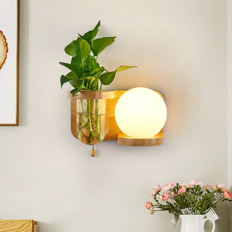 Ball White Glass Wall Sconce Industrial 1 Bulb Bedroom LED Wall Lamp Fixture in Wood, Left/Right Clearhalo 'Industrial wall lights' 'Industrial' 'Middle century wall lights' 'Tiffany' 'Wall Lamps & Sconces' 'Wall Lights' Lighting' 390300