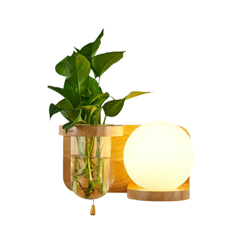 Ball White Glass Wall Sconce Industrial 1 Bulb Bedroom LED Wall Lamp Fixture in Wood, Left/Right Clearhalo 'Industrial wall lights' 'Industrial' 'Middle century wall lights' 'Tiffany' 'Wall Lamps & Sconces' 'Wall Lights' Lighting' 390301