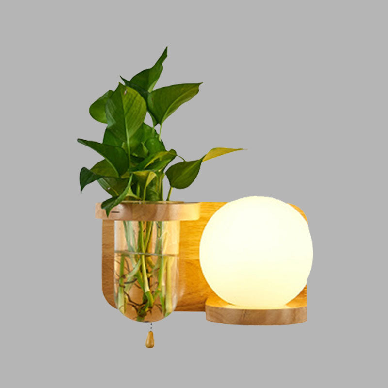 Ball White Glass Wall Sconce Industrial 1 Bulb Bedroom LED Wall Lamp Fixture in Wood, Left/Right Clearhalo 'Industrial wall lights' 'Industrial' 'Middle century wall lights' 'Tiffany' 'Wall Lamps & Sconces' 'Wall Lights' Lighting' 390302