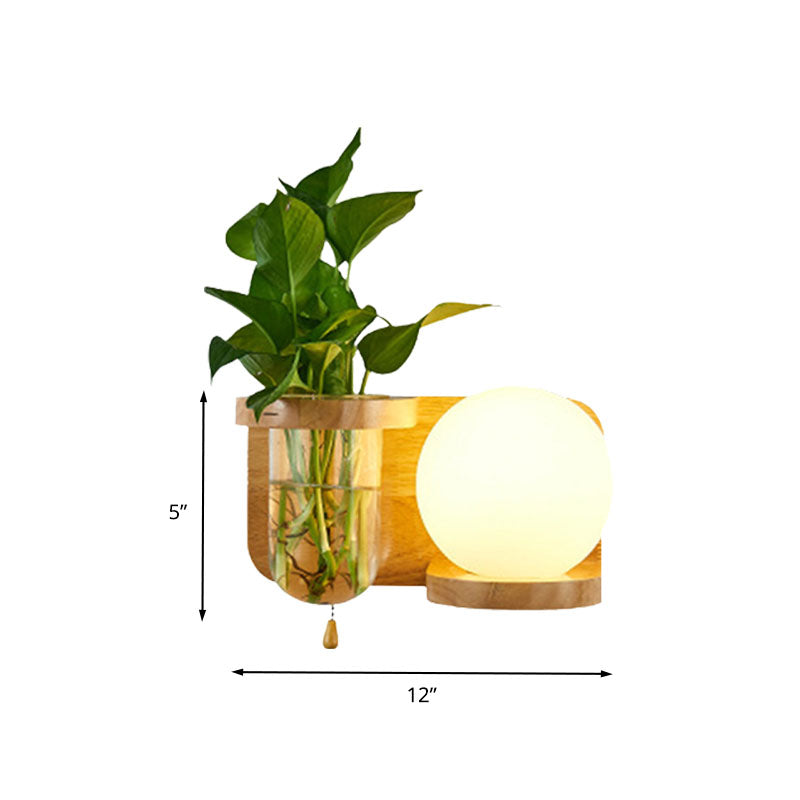 Ball White Glass Wall Sconce Industrial 1 Bulb Bedroom LED Wall Lamp Fixture in Wood, Left/Right Clearhalo 'Industrial wall lights' 'Industrial' 'Middle century wall lights' 'Tiffany' 'Wall Lamps & Sconces' 'Wall Lights' Lighting' 390303