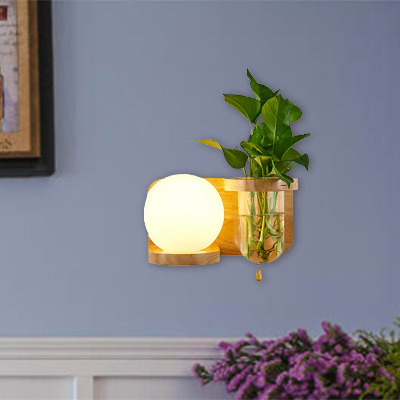 Ball White Glass Wall Sconce Industrial 1 Bulb Bedroom LED Wall Lamp Fixture in Wood, Left/Right Clearhalo 'Industrial wall lights' 'Industrial' 'Middle century wall lights' 'Tiffany' 'Wall Lamps & Sconces' 'Wall Lights' Lighting' 390305