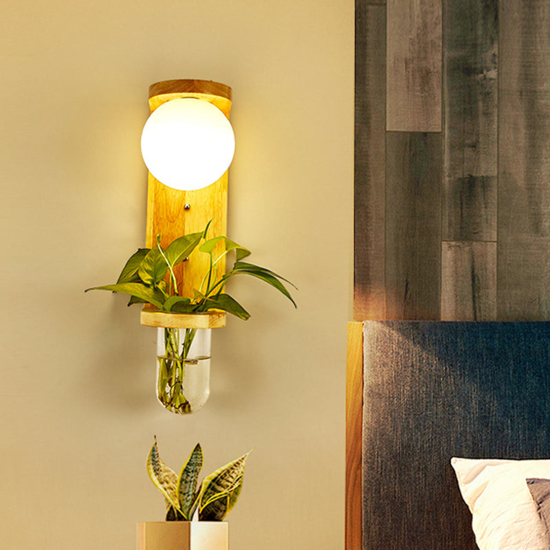 Barrel/Globe Opal Glass Up/Down Light Simple 1 Light Living Room LED Wall Mount Lighting in Wood Wood Globe Down Clearhalo 'Industrial wall lights' 'Industrial' 'Middle century wall lights' 'Tiffany' 'Wall Lamps & Sconces' 'Wall Lights' Lighting' 390565