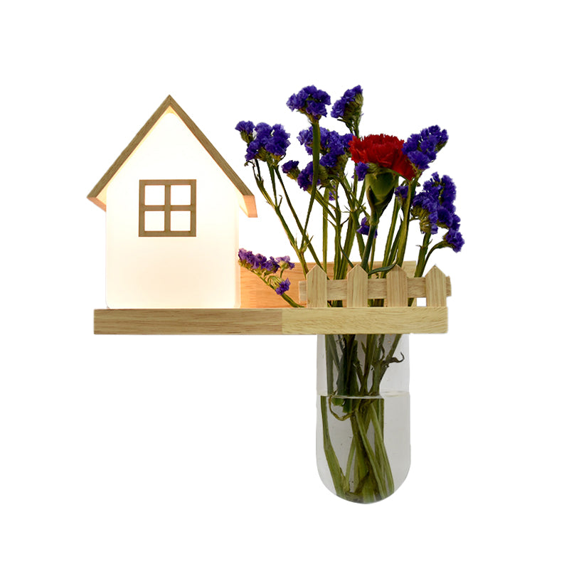 Wood House Sconce Wall Light Industrial Cream Glass 1-Light Restaurant LED Wall Lighting, Left/Right Clearhalo 'Industrial wall lights' 'Industrial' 'Middle century wall lights' 'Tiffany' 'Wall Lamps & Sconces' 'Wall Lights' Lighting' 390591