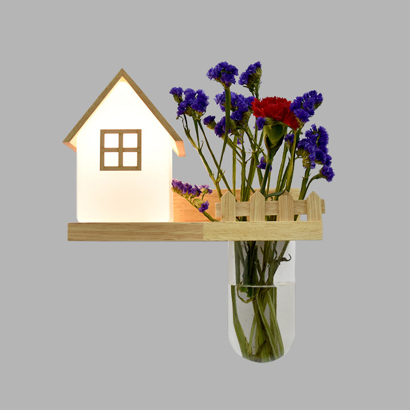 Wood House Sconce Wall Light Industrial Cream Glass 1-Light Restaurant LED Wall Lighting, Left/Right Clearhalo 'Industrial wall lights' 'Industrial' 'Middle century wall lights' 'Tiffany' 'Wall Lamps & Sconces' 'Wall Lights' Lighting' 390592