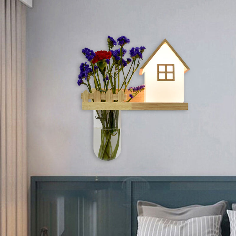 Wood House Sconce Wall Light Industrial Cream Glass 1-Light Restaurant LED Wall Lighting, Left/Right Wood Right Clearhalo 'Industrial wall lights' 'Industrial' 'Middle century wall lights' 'Tiffany' 'Wall Lamps & Sconces' 'Wall Lights' Lighting' 390594