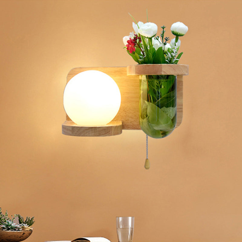 Milky Glass Orb Sconce Light Industrial 1 Head Bedroom LED Wall Lighting in Wood, Left/Right Clearhalo 'Industrial wall lights' 'Industrial' 'Middle century wall lights' 'Tiffany' 'Wall Lamps & Sconces' 'Wall Lights' Lighting' 390598