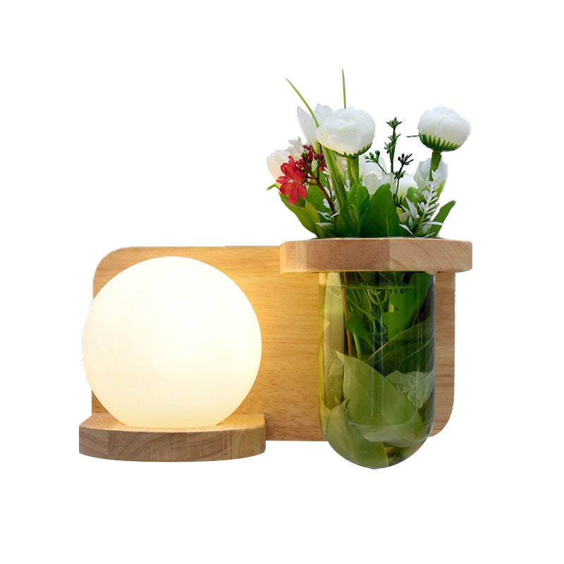 Milky Glass Orb Sconce Light Industrial 1 Head Bedroom LED Wall Lighting in Wood, Left/Right Clearhalo 'Industrial wall lights' 'Industrial' 'Middle century wall lights' 'Tiffany' 'Wall Lamps & Sconces' 'Wall Lights' Lighting' 390599