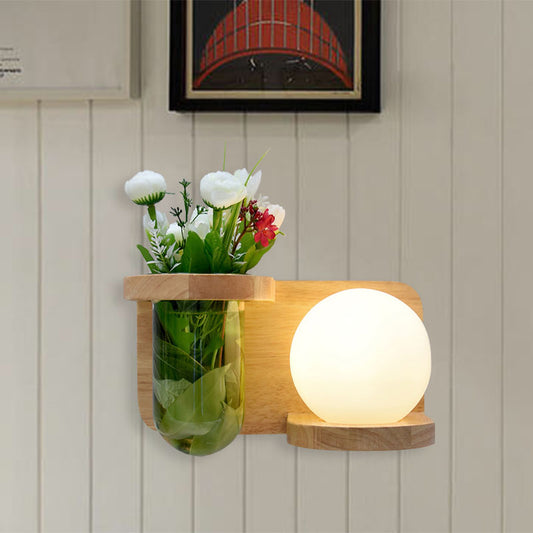 Milky Glass Orb Sconce Light Industrial 1 Head Bedroom LED Wall Lighting in Wood, Left/Right Wood Right Clearhalo 'Industrial wall lights' 'Industrial' 'Middle century wall lights' 'Tiffany' 'Wall Lamps & Sconces' 'Wall Lights' Lighting' 390602