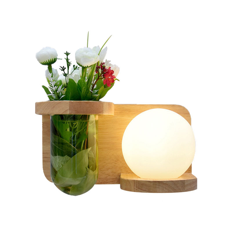 Milky Glass Orb Sconce Light Industrial 1 Head Bedroom LED Wall Lighting in Wood, Left/Right Clearhalo 'Industrial wall lights' 'Industrial' 'Middle century wall lights' 'Tiffany' 'Wall Lamps & Sconces' 'Wall Lights' Lighting' 390604