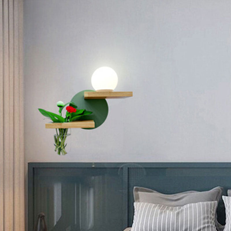 Simple Globe Sconce Fixture 1 Light Wooden LED Wall Lamp in Grey/White/Green for Living Room, Left/Right Green Right Clearhalo 'Industrial wall lights' 'Industrial' 'Middle century wall lights' 'Tiffany' 'Wall Lamps & Sconces' 'Wall Lights' Lighting' 390743