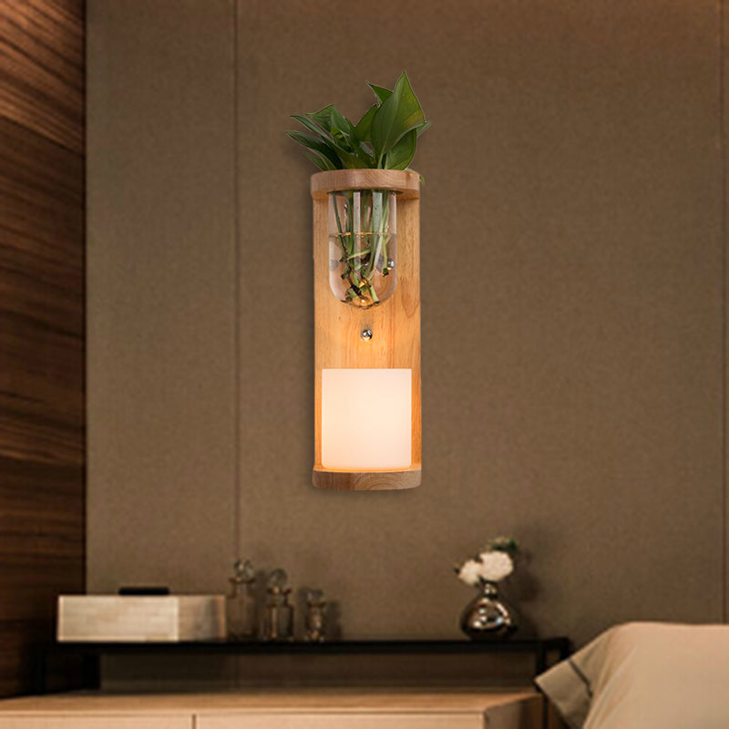 Cylinder Living Room Wall Light Industrial Opal Glass 1 Light Wood LED Sconce Lighting Fixture Wood Clearhalo 'Industrial wall lights' 'Industrial' 'Middle century wall lights' 'Tiffany' 'Wall Lamps & Sconces' 'Wall Lights' Lighting' 390844