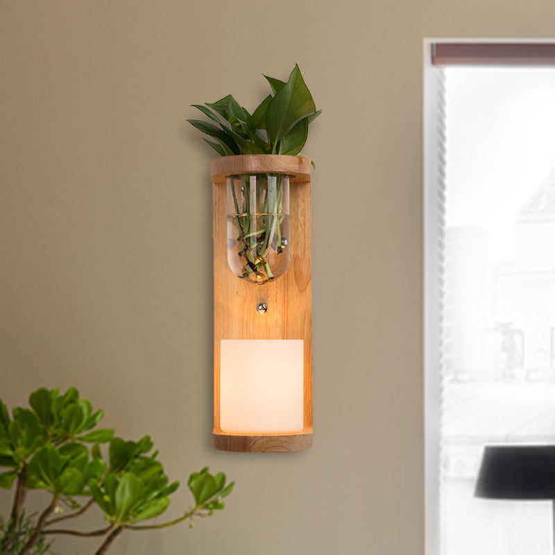 Cylinder Living Room Wall Light Industrial Opal Glass 1 Light Wood LED Sconce Lighting Fixture Clearhalo 'Industrial wall lights' 'Industrial' 'Middle century wall lights' 'Tiffany' 'Wall Lamps & Sconces' 'Wall Lights' Lighting' 390845