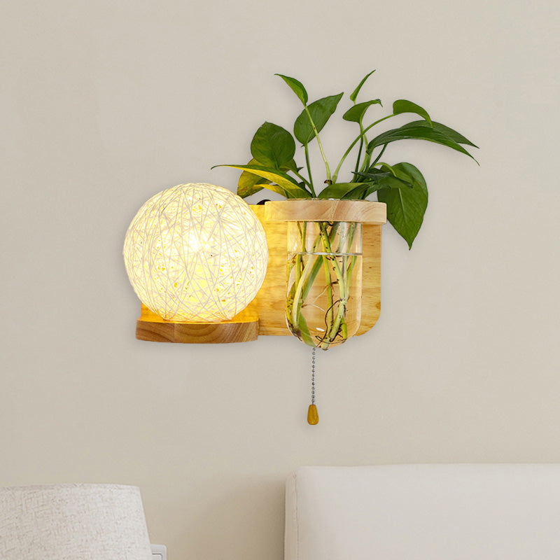 Minimalism Sphere Wall Light Sconce 1 Bulb Wooden LED Wall Mounted Lighting in White/Pink/Yellow, Left/Right Beige Left Clearhalo 'Industrial wall lights' 'Industrial' 'Middle century wall lights' 'Tiffany' 'Wall Lamps & Sconces' 'Wall Lights' Lighting' 390912