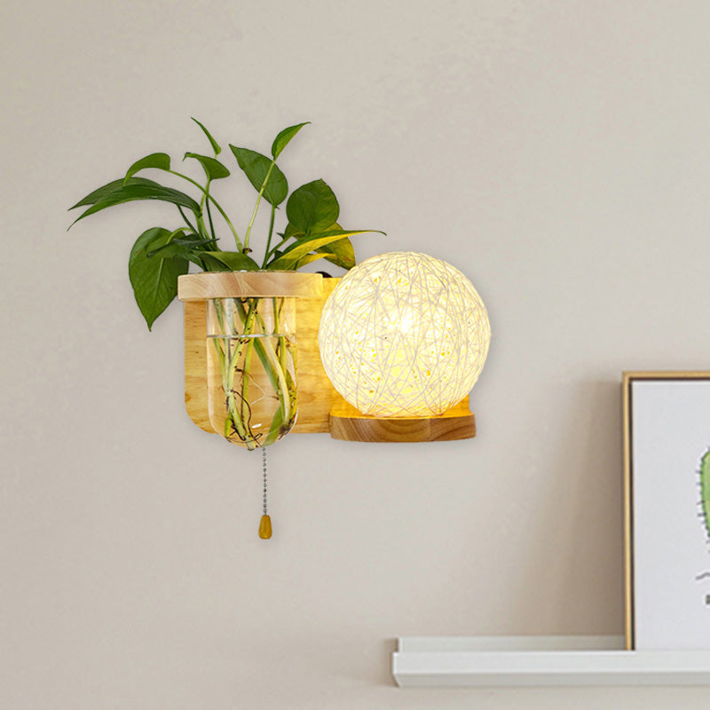 Minimalism Sphere Wall Light Sconce 1 Bulb Wooden LED Wall Mounted Lighting in White/Pink/Yellow, Left/Right Beige Right Clearhalo 'Industrial wall lights' 'Industrial' 'Middle century wall lights' 'Tiffany' 'Wall Lamps & Sconces' 'Wall Lights' Lighting' 390915