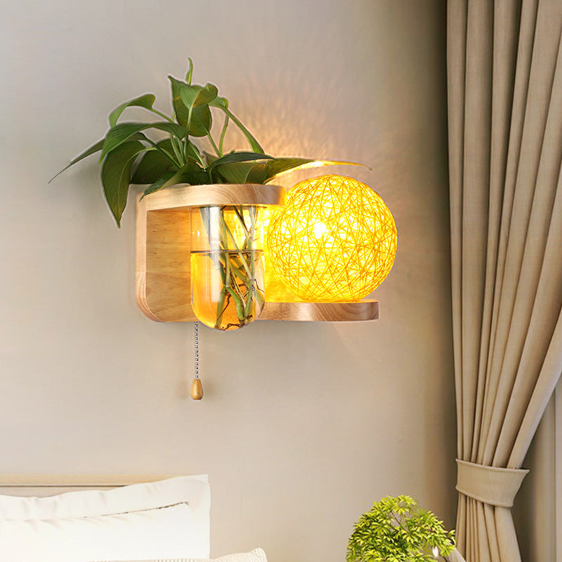 Minimalism Sphere Wall Light Sconce 1 Bulb Wooden LED Wall Mounted Lighting in White/Pink/Yellow, Left/Right Yellow Right Clearhalo 'Industrial wall lights' 'Industrial' 'Middle century wall lights' 'Tiffany' 'Wall Lamps & Sconces' 'Wall Lights' Lighting' 390918