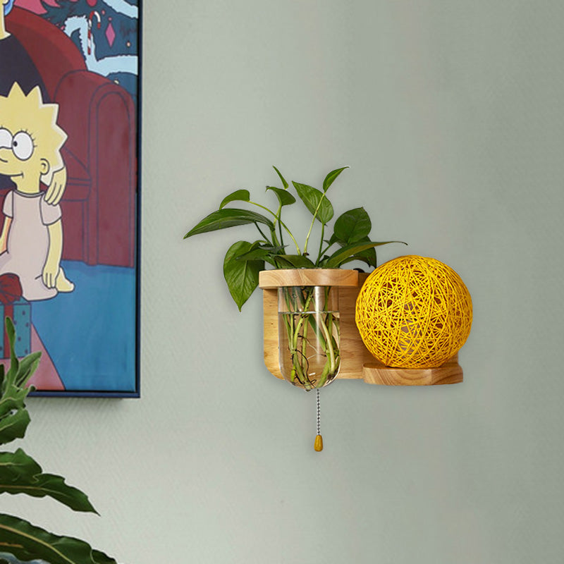 Minimalism Sphere Wall Light Sconce 1 Bulb Wooden LED Wall Mounted Lighting in White/Pink/Yellow, Left/Right Clearhalo 'Industrial wall lights' 'Industrial' 'Middle century wall lights' 'Tiffany' 'Wall Lamps & Sconces' 'Wall Lights' Lighting' 390925