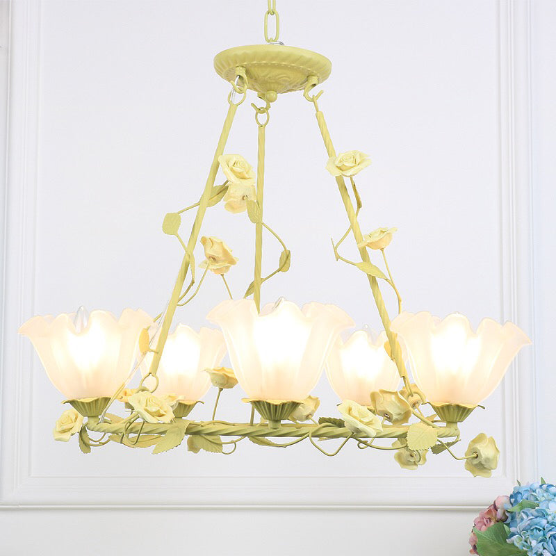Green 5 Heads Chandelier Lighting Korean Flower Frosted Glass Circle Pendant Ceiling Light for Living Room Green Clearhalo 'Ceiling Lights' 'Chandeliers' 'Glass shade' 'Glass' Lighting' 391205