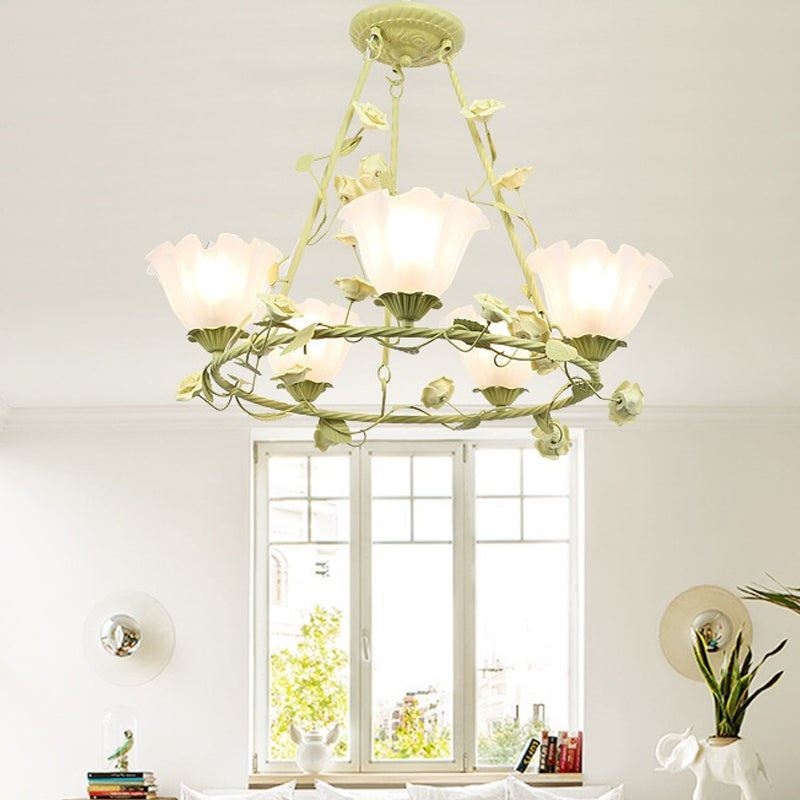 Green 5 Heads Chandelier Lighting Korean Flower Frosted Glass Circle Pendant Ceiling Light for Living Room Clearhalo 'Ceiling Lights' 'Chandeliers' 'Glass shade' 'Glass' Lighting' 391207