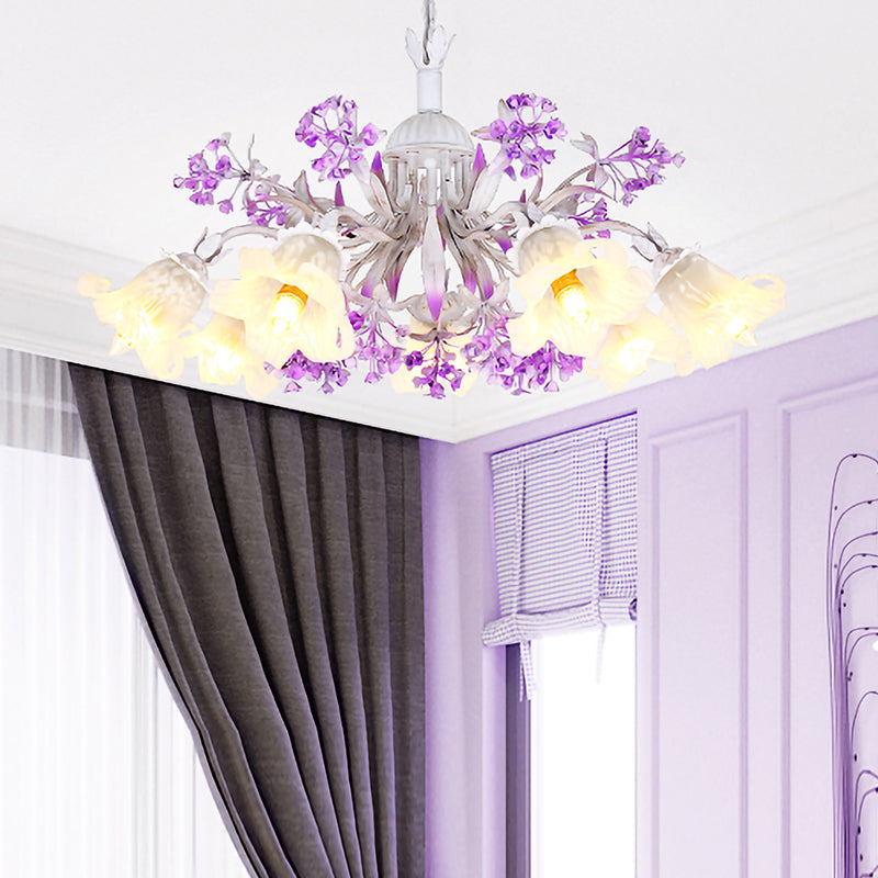 Ivory Flower Hanging Chandelier Pastoral White Glass 3/5/7 Lights Living Room LED Ceiling Pendant Clearhalo 'Ceiling Lights' 'Chandeliers' 'Glass shade' 'Glass' Lighting' 391212