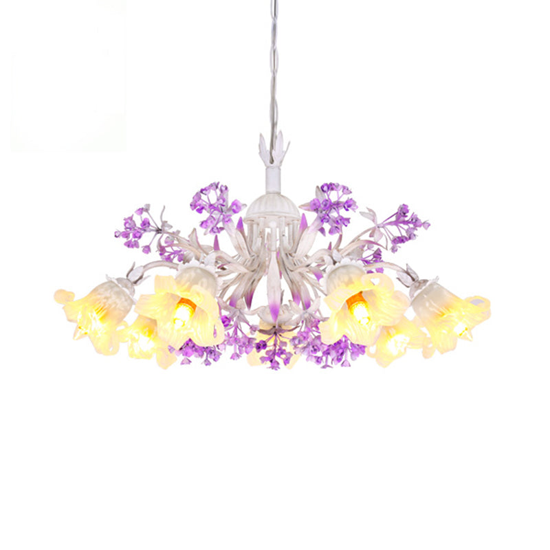 Ivory Flower Hanging Chandelier Pastoral White Glass 3/5/7 Lights Living Room LED Ceiling Pendant Clearhalo 'Ceiling Lights' 'Chandeliers' 'Glass shade' 'Glass' Lighting' 391213