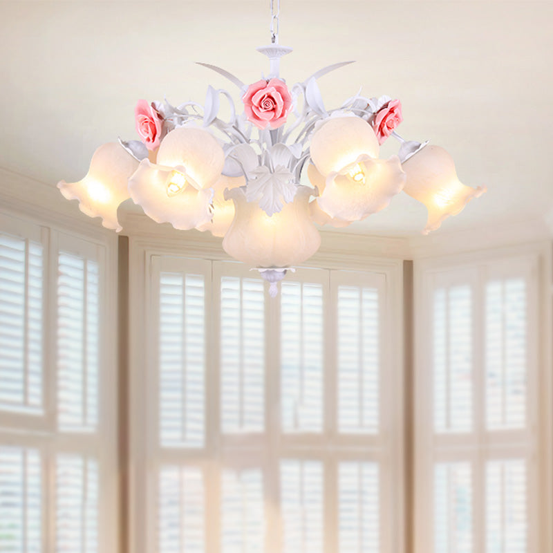 Countryside Blossom Chandelier Lighting Fixture 8 Heads White Glass Pendant Ceiling Light for Dining Room Clearhalo 'Ceiling Lights' 'Chandeliers' 'Glass shade' 'Glass' Lighting' 391223
