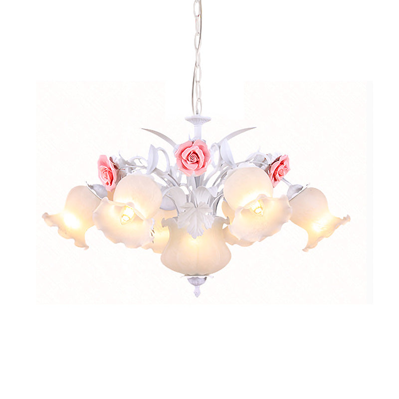 Countryside Blossom Chandelier Lighting Fixture 8 Heads White Glass Pendant Ceiling Light for Dining Room Clearhalo 'Ceiling Lights' 'Chandeliers' 'Glass shade' 'Glass' Lighting' 391224