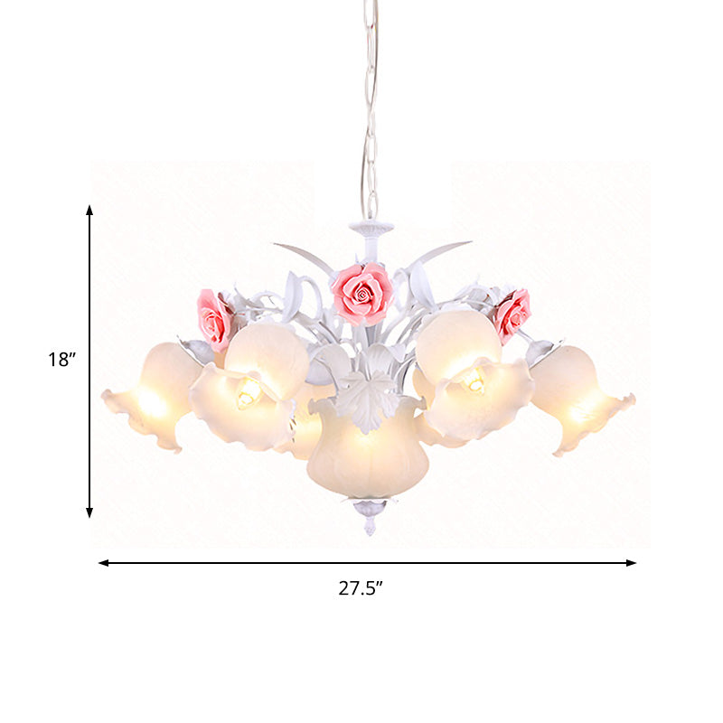 Countryside Blossom Chandelier Lighting Fixture 8 Heads White Glass Pendant Ceiling Light for Dining Room Clearhalo 'Ceiling Lights' 'Chandeliers' 'Glass shade' 'Glass' Lighting' 391225