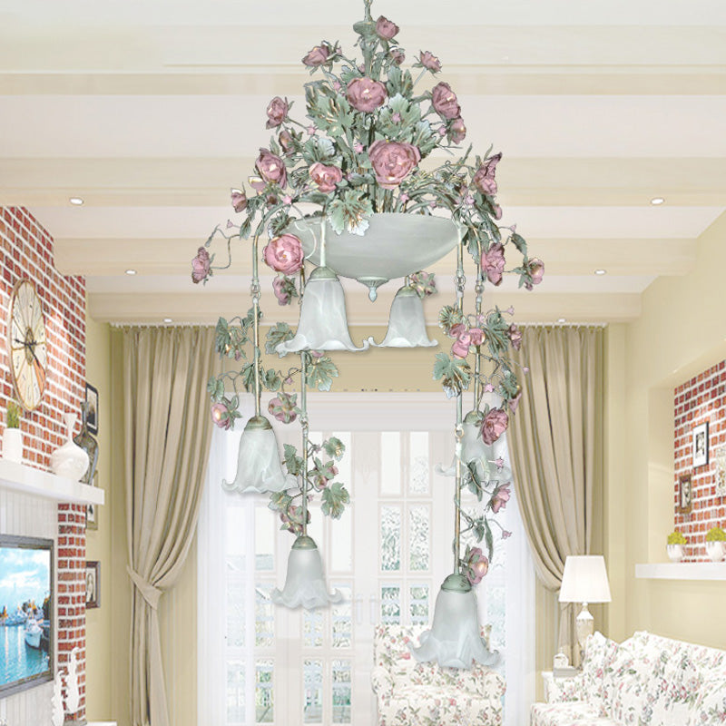 Blossom White Glass Chandelier Lighting Pastoral 10 Bulbs Bedroom LED Suspension Lamp in Pink/Red Pink Clearhalo 'Ceiling Lights' 'Chandeliers' 'Close To Ceiling Lights' 'Glass shade' 'Glass' Lighting' 391235