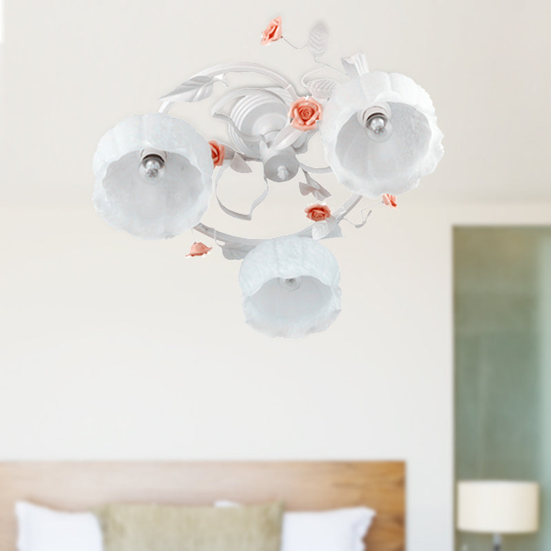 3 Lights White Glass Semi Flush Korean Garden Flower Living Room Close to Ceiling Lighting White Clearhalo 'Ceiling Lights' 'Close To Ceiling Lights' 'Close to ceiling' 'Glass shade' 'Glass' 'Semi-flushmount' Lighting' 391238