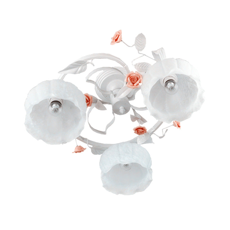 3 Lights White Glass Semi Flush Korean Garden Flower Living Room Close to Ceiling Lighting Clearhalo 'Ceiling Lights' 'Close To Ceiling Lights' 'Close to ceiling' 'Glass shade' 'Glass' 'Semi-flushmount' Lighting' 391240