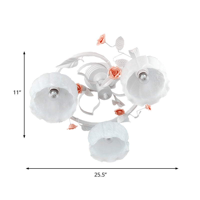 3 Lights White Glass Semi Flush Korean Garden Flower Living Room Close to Ceiling Lighting Clearhalo 'Ceiling Lights' 'Close To Ceiling Lights' 'Close to ceiling' 'Glass shade' 'Glass' 'Semi-flushmount' Lighting' 391241