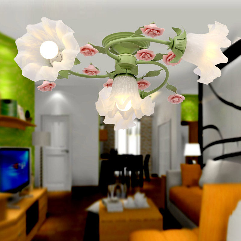 Milk Glass Scalloped Ceiling Lighting Pastoral Style 4 Heads Bedroom Semi Flush Mount Light Fixture in Green Clearhalo 'Ceiling Lights' 'Close To Ceiling Lights' 'Close to ceiling' 'Glass shade' 'Glass' 'Semi-flushmount' Lighting' 391244