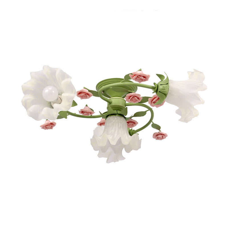 Milk Glass Scalloped Ceiling Lighting Pastoral Style 4 Heads Bedroom Semi Flush Mount Light Fixture in Green Clearhalo 'Ceiling Lights' 'Close To Ceiling Lights' 'Close to ceiling' 'Glass shade' 'Glass' 'Semi-flushmount' Lighting' 391246