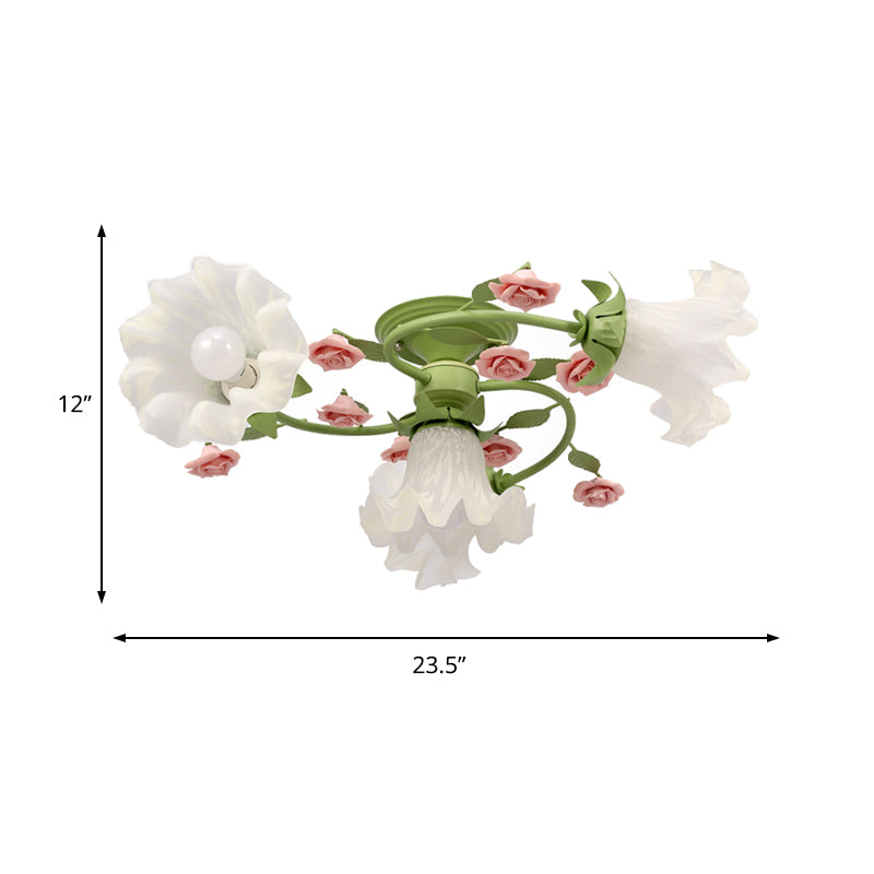 Milk Glass Scalloped Ceiling Lighting Pastoral Style 4 Heads Bedroom Semi Flush Mount Light Fixture in Green Clearhalo 'Ceiling Lights' 'Close To Ceiling Lights' 'Close to ceiling' 'Glass shade' 'Glass' 'Semi-flushmount' Lighting' 391247