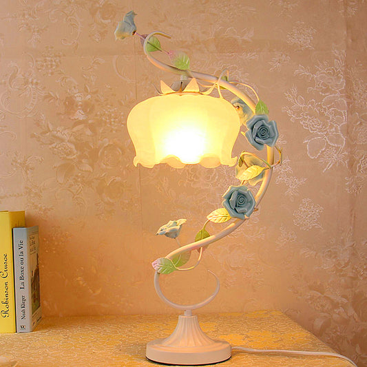 1 Bulb Night Table Lamp Countryside Flower White Glass Nightstand Lighting in Pink/Blue/Green for Bedroom Blue Clearhalo 'Lamps' 'Table Lamps' Lighting' 391266